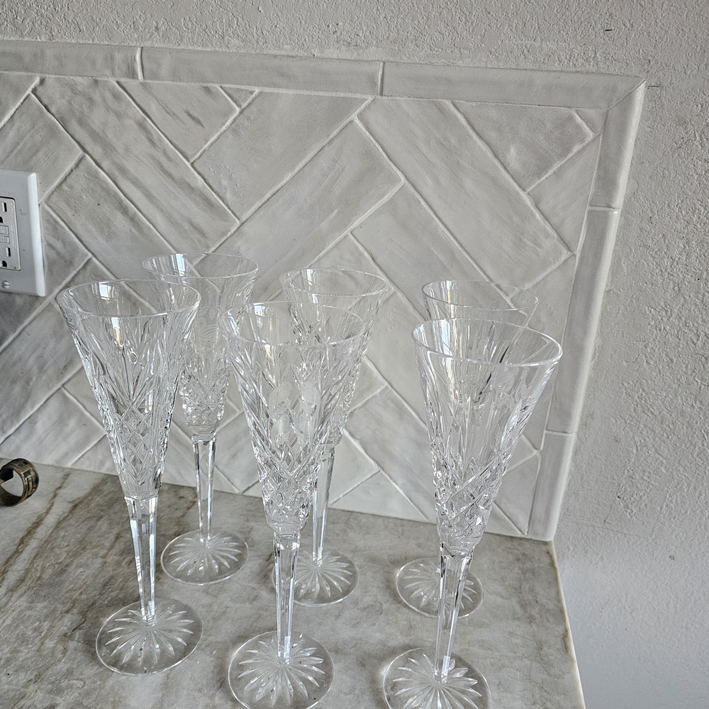 6 Waterford Crystal Champagne Flutes - Clear